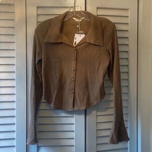 Commense Ribbed Button-Front Long Sleeve Blouse in Brown
